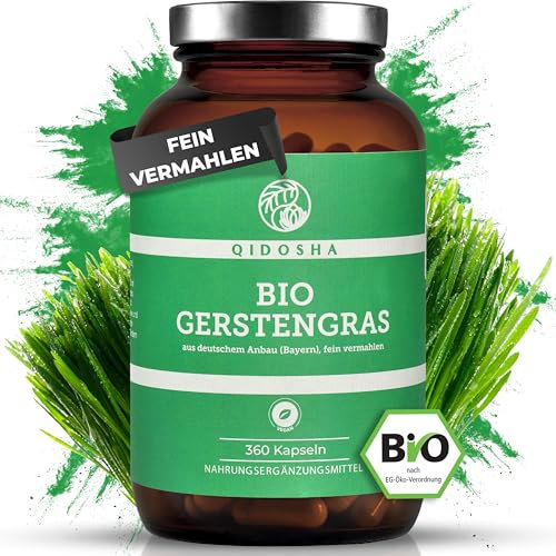 QIDOSHA® Bio Gerstengras Kapseln hochdosiert, 360 Kapseln im Apothekerglas, Rohmaterial aus nachhaltigem Anbau in Bayern