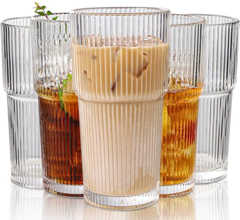 WeirdUncle Set of 6 Oversize Ribbed Glassware, 20oz Vintage Clear Glass Tumbler, Large capacity, Origami Style, Fluted Design, Ideal for Water, Iced Coffee, Beer, Tea, Latte, Housewarming Gift (Large)