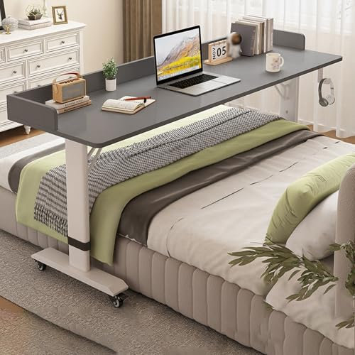 Betttisch auf Rollen Höhenverstellbar Hergestellt aus Kohlenstoffstahlrahmen und Massivholz, Pflegetisch für Bett(Gray,130 * 40cm)