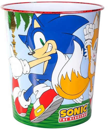 Sonic the Hedgehog Kids Waste Paper Bin for Bedroom, Playing & Study Room | Childrens Small Plastic Bucket Dustbin, Waterproof & Stain-Resistant, Open-Top Study Desk Basket | Kids Bedroom Accessories