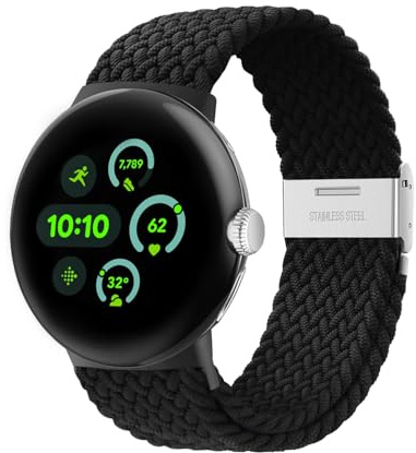 NewJourney Elastisches geflochtenes Armband - Nur Kompatibel mit Google Pixel Watch 4/3 45mm, verstellbares Nylonarmband für Google Pixel Watch 4/3 45mm(Schwarz)