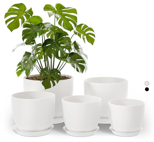 Bamworld Vaso per Piante da Interno con drenaggio Bianco 5 Set 11.3cm/12.7cm/14cm/16cm/17.8cm Vasi di Plastica per Piante da Interno, Fiori, Cactus