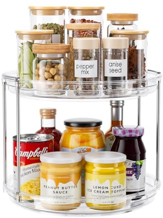 2 Tier Lazy Susan Organizer, 9.25'' Lazy Susan Turntable for Cabinet, Stackable Turntable Organizer Rotating Spice Rack Organization for Kitchen Countertop, Pantry, Bathroom, Clear