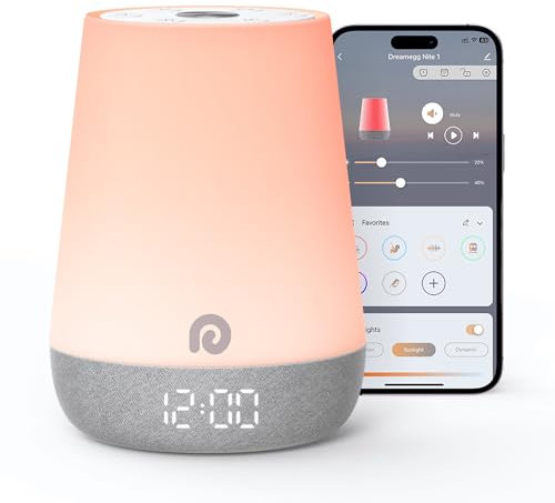 Dreamegg Nite 1 Maquina Ruido Blanco Bebe Reloj Formador de Hábitos de Sueño, App Control Sonido Blanco Bebe con 34 Sonidos Calmantes, Despertador Luz Natural, Reloj para Niños Musica Relajante