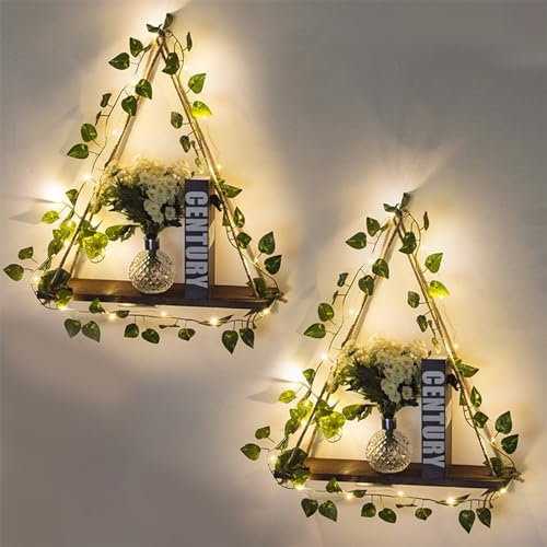 2 Pack Artificial Ivy Wall Hanging Shelves Boho Floating Shelves Wall Decor, Macrame Hanging Shelves Wall Decor Display Plants Photos Wood Floating Storage Shelves for Bedroom Living Room Wall Decor