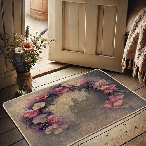 Zerbino vintage con fiori di pesco per interni ed esterni, decorazione rustica per la casa, in gomma, impermeabile, antiscivolo, assorbente, facile da pulire, 73 x 43 cm