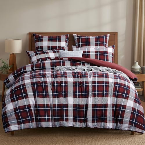 Aisbo Double Bedding Duvet Cover Sets - 3 Pieces Tartan Bedding Set Burgundy Rot, Soft Brushed Microfiber Double Bed Quilt Cover with 2 Pillowcase, 200x200 cm, Gingham