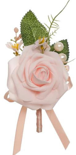 Handcrafted Satin Rose Flower Boutonniere with Faux Pearls - Elegant Green Leaf Floral Brooch Lapel Pin for Weddings, Proms & Formal Events - Lightweight Unisex Jewellery Gift in Box (Pink)