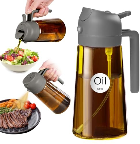 YARRAMATE 470 ml ljusblockerande mörkbrun oljespruta för matlagning med klistermärken, livsmedelskvalitet premium 2 i 1 olivolja dispenser flaska för köksredskap, fritös, sallad, stekning, grill (grå)