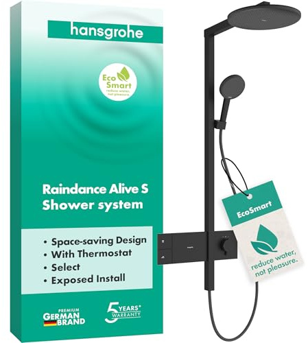 hansgrohe Raindance Alive S - wassersparendes Duschsystem (EcoSmart) mit Thermostat, Regendusche (300 mm) mit Armatur, Handbrause, Schlauch, Brausestange und runder Kopfbrause, Mattschwarz, 24583670