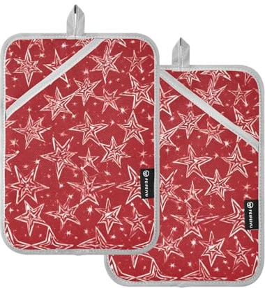 Red and White Stars Designed Pot Holders for Kitchen Heat Resistant Hot Pan Holder with Pocket Oven Pad 2 Pack