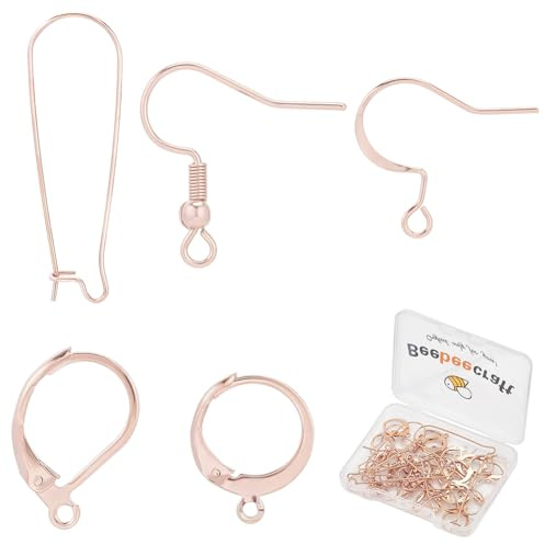 Beebeecraft 1 Scatola da 50 Ganci per Orecchini Placcati in Oro Rosa 304in Acciaio Inossidabile 5 Stili con Gancio per Orecchini A Leva Rotondo per La Creazione di Orecchini di Gioielli