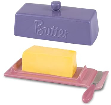 AMIEENOR Beurrier Céramique avec Couteau - Design Allongé Moderne, Boîte à Beurre avec Couvercle pour Table et Réfrigérateur - Idéal pour Beurre en Bâtonnet ou Demi-Motte 250g - Violet