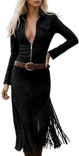 Zanisouta Vestido de invierno para mujer, falda midi con flecos, vestido vintage, elegante, aspecto de ante, vestido de jersey de manga larga, media cremallera, vestido de otoño, curvy, invierno, ante