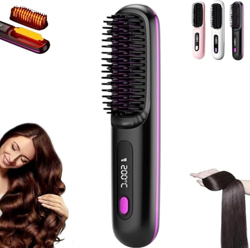 Brosse Lissante Sans Fil, Peigne Chauffant Pour Cheveux Courts, Brosse Lissante Portable, Brosse Chauffante Usb Rechargeable,2 En 1 Pour Lisser Et Boucler,Avec éCran Led,3 RéGlages De TempéRature (C)