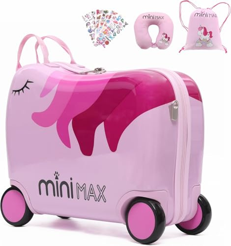 MiniMax Kids Ride-On Suitcase 45x36x20 with Neck Pillow & Drawstring Bag | Easyjet Max Size Travel Luggage Set Childrens Girls Carry On Hand Cabin Luggage 45x36x20cm & Accessories (Pink Unicorn)