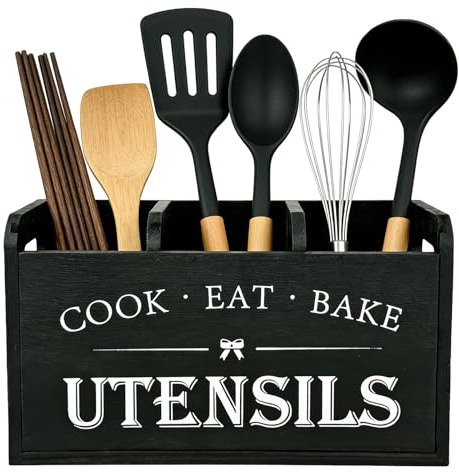 Wooden Utensil Holder – Black Kitchen Utensils Organiser, 27x15.5x10.5cm | Countertop Caddy for Spatulas, Wooden Spoons, Whisks, Cookware Storage