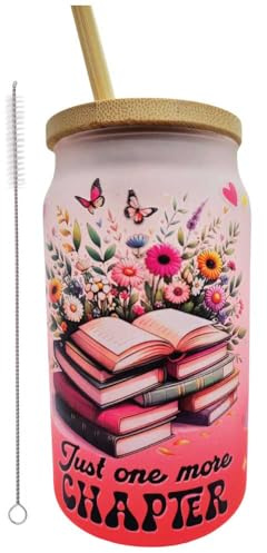 La Ruotante Bicchiere in vetro con coperchio e cannuccia in bambù, 350 ml, idea regalo (more-chapter)