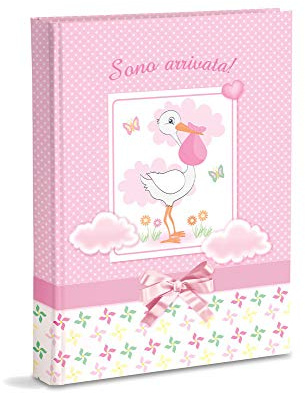 Album Fotografico, Rosa, Nascita Bambina, con Diario, 23X30 Cm, 56 Pagine Bianche e 4 Pagine Diario Personalizzabili, Pagine in Cartoncino Spesso e Resistente Intervallate da Pergamino