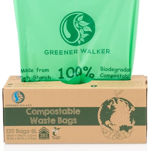 Greener Walker 25% Extra Thick Compost 6L/8L/10L/30L Caddy Bin Liners-120 Bags Biodegradable Kitchen Food Waste Bags(8L)