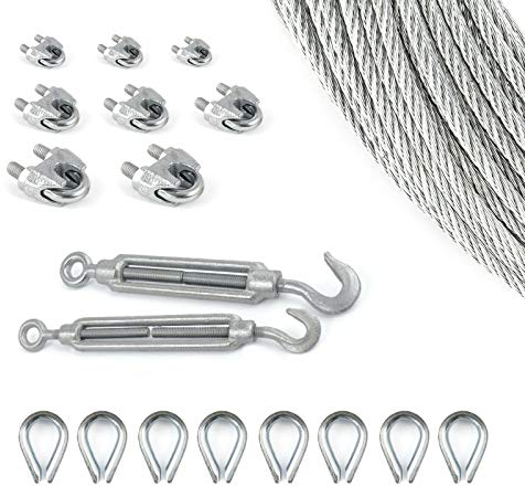 DQ-PP Stahlseil SET 10 | 6mm 6x19 weich | 50 Meter | Stahl verzinkt | 8x Kauschen 6mm | 2x Spannschloss Haken-Öse M5 | 8x Seilklemmen Bügel 6mm | Drahtseil für Rankhilfe Seil Draht Forstseil