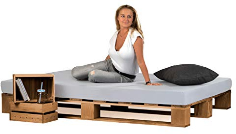 sunnypillow Palettenbett aus Holz Holzbett 140x200 cm Eiche Massivholzbett Bett aus Paletten Palettenmöbel europalette Fichte Eiche 80 90 100 120 140 160 180 200 220 240 x 200cm