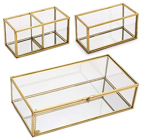 SUMTree Vintage Schmuckkästen aus Metall und Glas,3 Schmuckbox Schmuckhalter Schmuckholder Schreibtisch Organizer Make-up-Pinsel Halter,für Schmuck von Damen Ring Schmuckaufbewahrung(Golden,Rechteck)