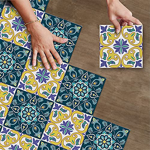 Hiseng Waterproof Floor Wall Tile Stickers, 20x20cm Self Adhesive DIY Rectangle Wear Resistant Colorful Floral Wall Tiles Sticker for Kitchen Bathroom Home Decor (Dark Green,1 set of 25pcs)