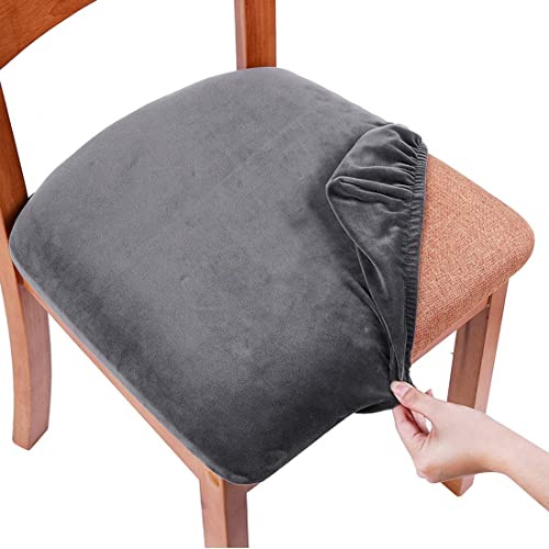 Homaxy Velvet Dining Chair Seat Covers Set of 2, Stretch Dining Chair Slipcovers with Ties, Removable Washable Dining Chair Seat Protector Cover, Dark Grey
