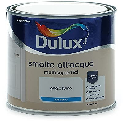 Dulux Smalto Satinato all'Acqua per Metallo Plastica e Legno Pronto all'Uso per Esterni e Interni, 0.5 Litri, Grigio Fumo