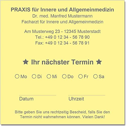 Terminzettel Terminkarten Termine mit Ihrer Adresse personalisiert 10 x 10 cm (hellgelb) (2500)
