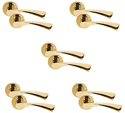 Golden Grace Astrid Twist Door Handles on Rose, 5 Pairs, Polished Brass | Includes spindle and screws for each pair, offering a straightforward DIY installation on interior doors.