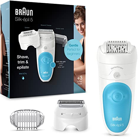 Braun Silk-épil 5 Epilierer Damen für Haarentfernung / Haarentferner, inklusive Rasier- und Trimmeraufsatz, 5-605, weiß/türkis