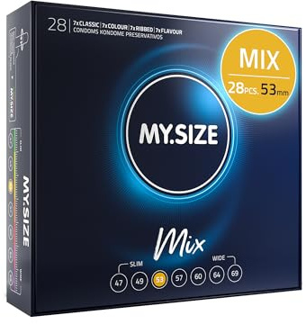 MY.SIZE Mix Premium Kondome Größe 3, 53 mm – 28 Stück | 4 Varianten: Classic, Genoppt, Blau & Rot | Großpackung
