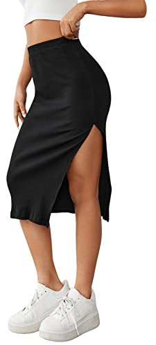 GORGLITTER Knielanger Rock Mit Schlitz - Damen Strickrock Midi Mit Hoher Taille - Elegant Stretch Rock Schwarz M