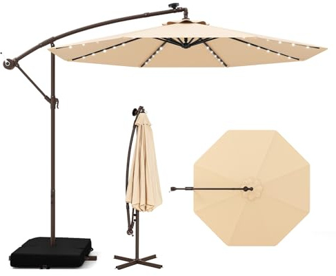 Tangkula 10FT Offset Patio Umbrella with Base Included, Outdoor Cantilever Umbrella with 40 Solar LED Lights, Tilt Adjustment, Crank Handle, Vented Top, Sand Bags for Pool Yard Deck (Beige)