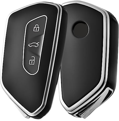 OATSBASF Autoschlüssel Hülle für VW, TPU Silikon Schlüsselhülle, kompatibel mit Golf 8, ID3, ID4, GTI, GTE, Seat Leon MK4, Tarraco, Ateca & Skoda Octavia (Silber Rand-Schwarz) | Für Seat, ID.3, ID.4, Leon MK4, Tarraco, Ateca, Skoda Octavia, kratzfest, 360 Grad Schutz, volles Signal, Premium Optik