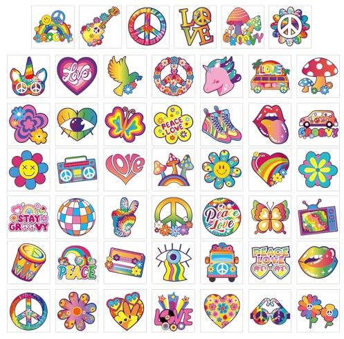 Qpout tal Glow In The Dark Hippie-Tatueringar klistermärken Groovy 70-80-90-talet tillfälliga tatueringar för barn, vattentät kärlek och fred lysande ansikts biograf power hippie party