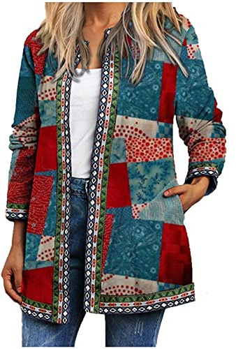 NZYIHAO Chaqueta vintage para mujer, chaqueta larga de entretiempo, tallas grandes, multicolor, chaqueta de otoño con frente abierto, chaqueta de punto de manga larga, abrigo de entretiempo, estilo