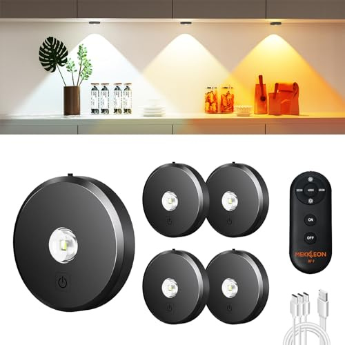 MEKKLEON vitrinenbeleuchtung led kabellos mit Fernbedienung, 2000 mAh Aufladbar LED Spots Akku, 3 Farbtemperaturen dimmbar, Unterschrankleuchte, Schrankleuchte, küchenunterschrank (dunkelgrau, 5 Pcs)