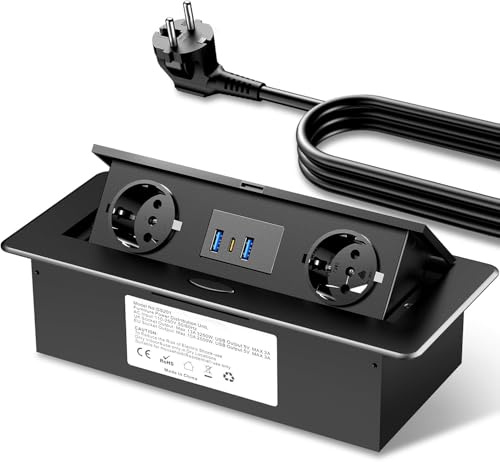 Regleta Enchufes USB C PD 20W, Enchufe Retractil Encimera, 2 Enchufes, Regleta Oculto para Escritorio de Oficina, 1.8 Metros Cable, Negro