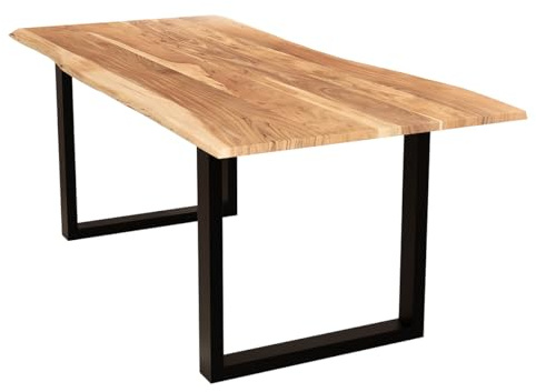 Liadomo Esstisch 120x80 Isa Natur, Baumkantentisch, Akazie Massivholz Tisch, 26mm Tischplatte Lackiert, Robust & Pflegeleicht, Unikat, U-Gestell Metall schwarz