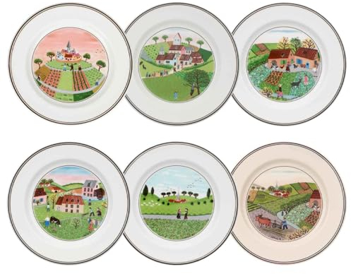 Villeroy & Boch Design Naif Brotteller 6er Set, Sammler-Set mit allen Motiven: Bauernhof I Feldarbeit I Heirat I Begegnung I Mühle I Dörfchen, ø 17 cm, Porzellan, Bunt