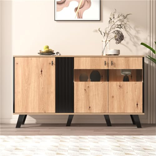 Großes 140 X 78 X 41 cm Großes Holz-sideboard Mit Led-beleuchteten Glastüren. Vielseitiger Aufbewahrungsschrank Aus Holz Und Schwarzem Finish