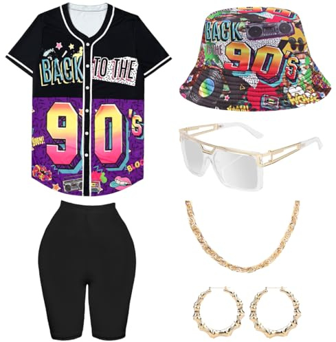 90er Jahre Outfit Leggings Damen mit Accessoires, Hip Hop Kostüm Lange Lockere Oberteile Yoga Hose Fischerhüte Gläser Ohrringe Halskette, 80s 90s Bunte Rapper Shirt Schlagermove Mottoparty Bad Taste