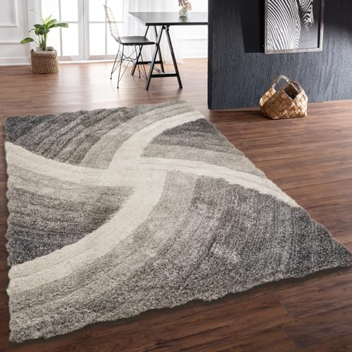 Lord of Rugs Shaggy Rug for Living Room Bedroom Dining Room Carpet Soft Plush Fluffy Silky Area Floor Stella Swirl Pattern 3D Shaggy Rug in Large Size 160x230 cm (5'3x7'7) Grey