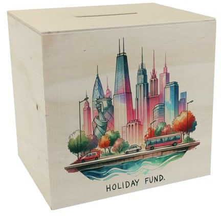 Städtetrip Urlaubskasse Spardose aus Holz mit Spruch Holiday Fund Skyline Stadt Wolkenkratzer fiktiv Urban Urlaub Kasse Städtetrip mit Aussichten sichern