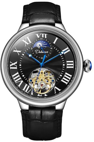 DAXIAOYU Vollautomatische mechanische Herrenuhr, Sternenmondphase und hohle Tourbillon-Armbanduhr, Saphirkrone, leuchtende wasserdichte Edelstahl-Uhr, Schwarz Leder, Luxuriös