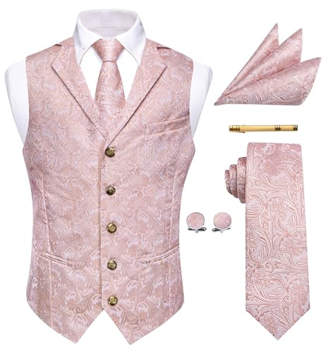 YourTies Viktorianische Herren-Weste, Krawatte, Seide, Paisleymuster, Anzugweste, formelle Weste, Gothic, Steampunk-Weste mit gekerbtem Revers, Pink, XX-Large