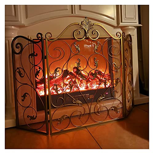 Pantalla De Chimenea De 3 Paneles Plana, Protector De Valla Dorada Transparente De Hierro Forjado Sólido, para Leños De Gas/Decoración De Chimenea De Leña